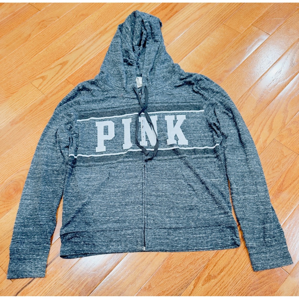 PINK Victoria's Secret Gray Marled Full‎ Zip Hoodie Top Size Large Spellout